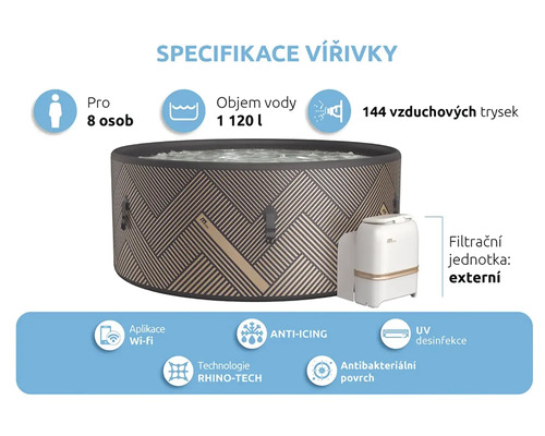 Aufblasbarer Whirlpool für bis zu acht Personen mit 1120 Litern Fassungsvermögen, 144 Luftdüsen, Anti-Icing-System, Rhino-Tech-Technologie, antibakterieller Oberfläche, UV-Desinfektion und WLAN-App.