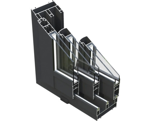 Querschnitt eines Fensters mit Dreifachverglasung und Aluminiumrahmen