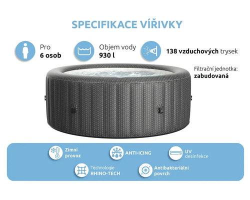 Whirlpool Spezifikationen: geeignet für sechs Personen, Wasservolumen 930 Liter, 138 Luftdüsen, integrierte Filtereinheit, Winterbetrieb, Anti-Icing-Technologie, UV-Desinfektion, antibakterielle Oberfläche, Rhino-Tech-Technologie.