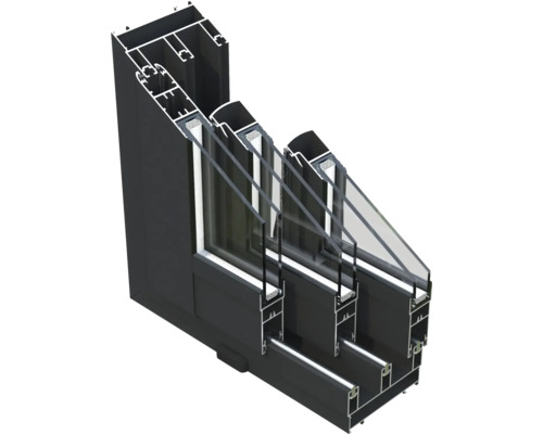Schnittansicht eines Fensters mit Dreifachverglasung und Aluminiumrahmen