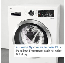 Weiße Bosch Waschmaschine mit digitaler Anzeige und laufender Wäsche