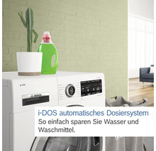 Weiße Waschmaschine mit Display, Waschmittel, Kaktus und Bosch Logo