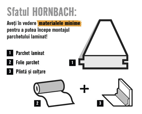 Hornbach Ratgeber: Benötigte Materialien für die Laminatverlegung: Laminat, Trittschalldämmung und Sockelleisten