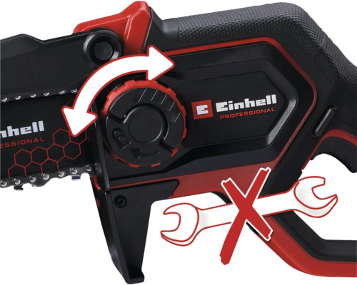 Einhand-Kettensäge von Einhell Professional mit Pfeil, der die werkzeuglose Kettenspannung zeigt, und Symbol, das darauf hinweist, dass kein Werkzeug benötigt wird