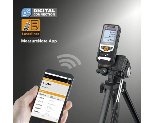 Laserentfernungsmesser mit Stativ und Smartphone mit Laserliner MeasureNote App