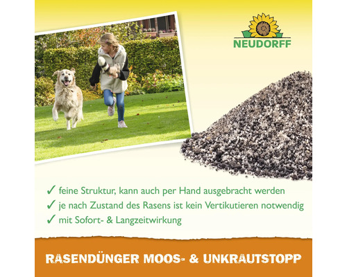 Rasendünger zur Moos- und Unkrautbekämpfung mit feiner Struktur und Sofort- und Langzeitwirkung. Neudorff Logo.