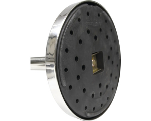 Detailansicht des Fußes eines Badaccessoires aus Metall und Gummi