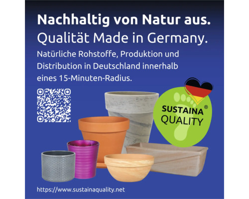 Verschiedene Pflanzgefäße mit dem Sustaina Quality Siegel.