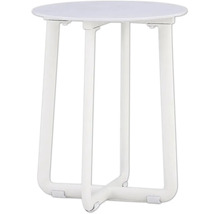 Weißer runder Beistelltisch mit drei Beinen.