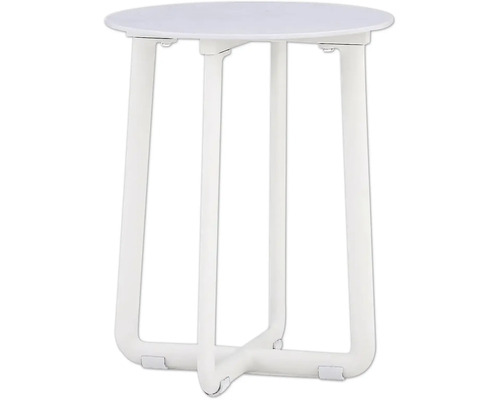 Weißer runder Beistelltisch mit drei Beinen.