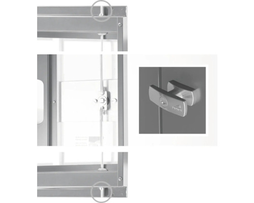 Detailansicht eines Werkstattschranks mit Schließmechanismus und Schloss