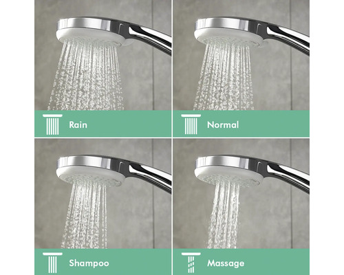 Duschkopf mit verschiedenen Strahlarten: Regen, Normal, Shampoo, Massage