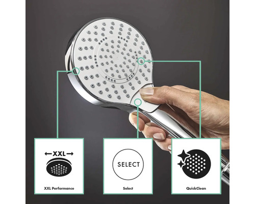 Handbrause mit den Symbolen XXL Performance, Select und QuickClean.