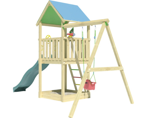 Spielturm mit Rutsche, Schaukel und Sandkasten aus Holz