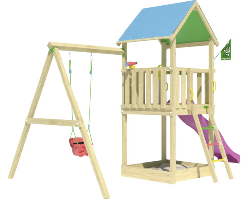 Holzspielturm mit Schaukel, Rutsche und Sandkasten