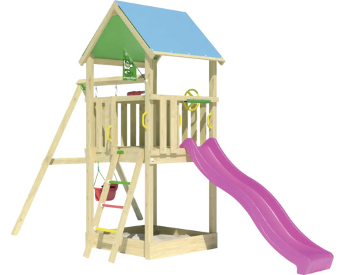 Spielturm aus Holz mit Rutsche und Schaukel
