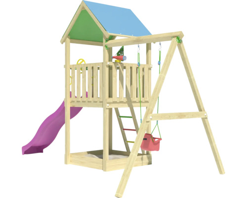 Spielturm aus Holz mit Rutsche und Schaukel