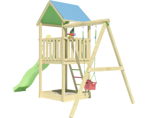 Spielturm aus Holz mit Rutsche, Schaukel und Kletterleiter für den Außenbereich