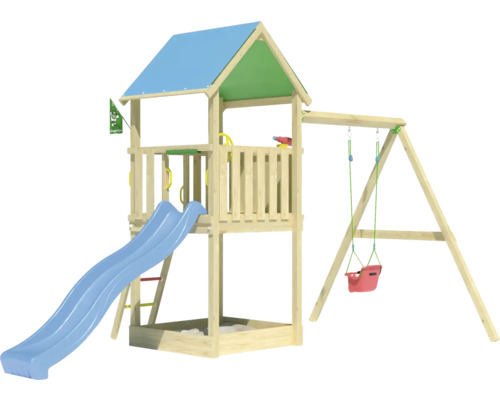 Spielturm aus Holz mit Rutsche und Schaukel