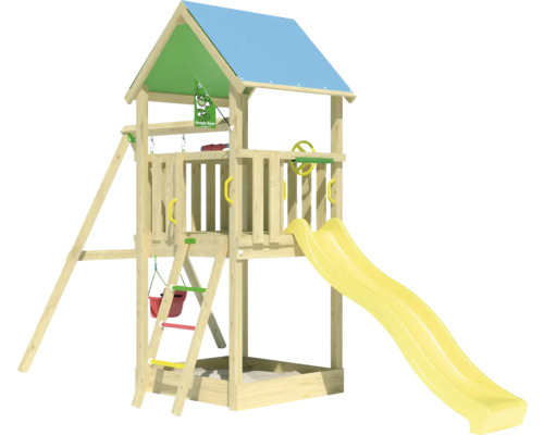 Spielturm mit Rutsche, Schaukel und Sandkasten