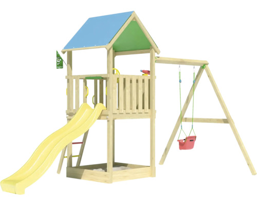 Spielturm mit Rutsche und Schaukel für den Garten
