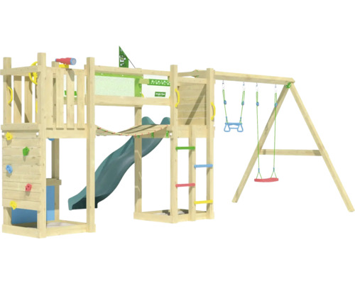 Spielturm aus Holz mit Rutsche, Kletterwand und Schaukel