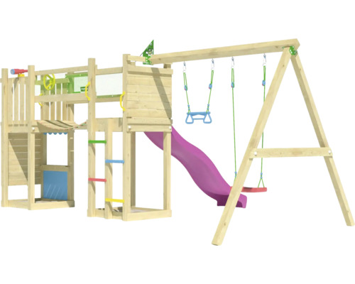 Spielturm aus Holz mit Rutsche und Schaukel für den Garten