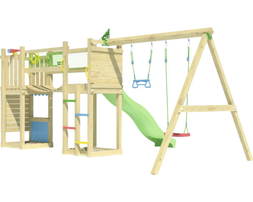 Spielturm aus Holz mit Schaukel und Rutsche