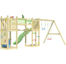 Spielturm aus Holz mit Rutsche, Kletterwand und Schaukel