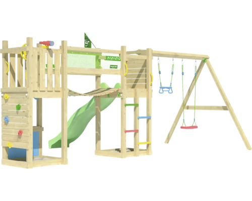Spielturm aus Holz mit Rutsche, Kletterwand und Schaukel