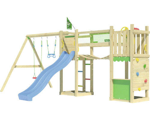 Holzspielplatz mit Schaukel, Rutsche, Kletterwand und Leiter