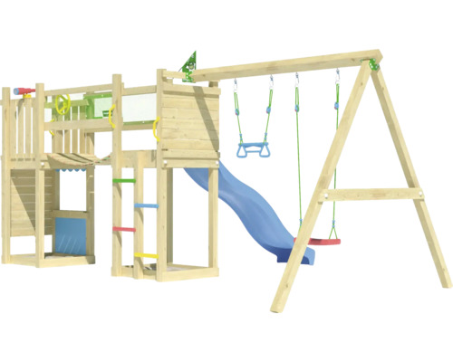 Spielturm aus Holz mit Rutsche und Schaukel