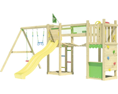 Spielturm aus Holz mit Schaukel, Rutsche und Kletterwand