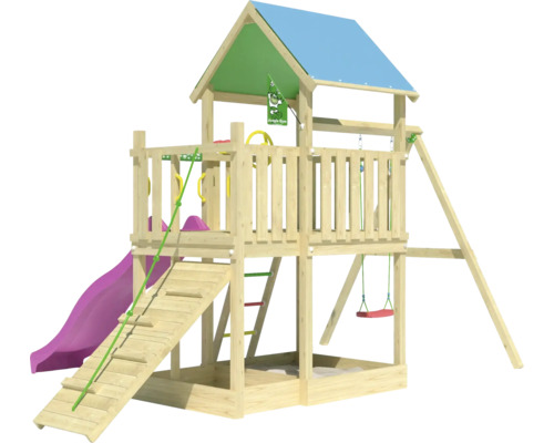Spielturm mit Rutsche, Schaukel und Kletterwand aus Holz