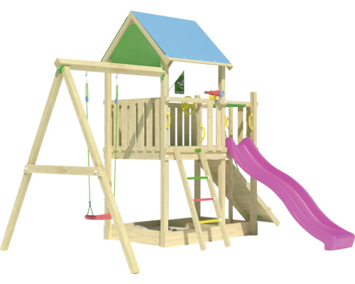 Spielturm mit Schaukel, Rutsche und Sandkasten aus Holz