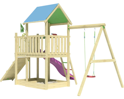 Spielturm mit Rutsche und Schaukel aus Holz