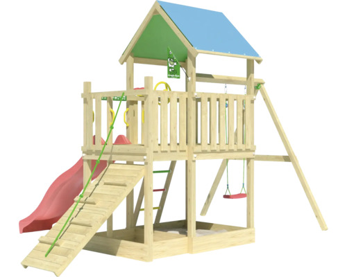 Spielturm mit Rutsche, Schaukel und Kletterwand aus Holz