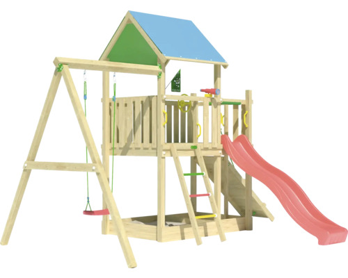 Spielplatz mit Schaukel, Rutsche und Spielturm aus Holz