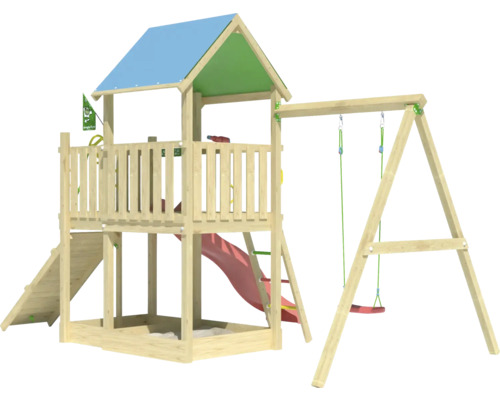 Spielturm aus Holz mit Rutsche und Schaukel