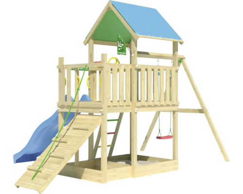 Spielturm aus Holz mit Rutsche, Schaukel und Klettergerüst