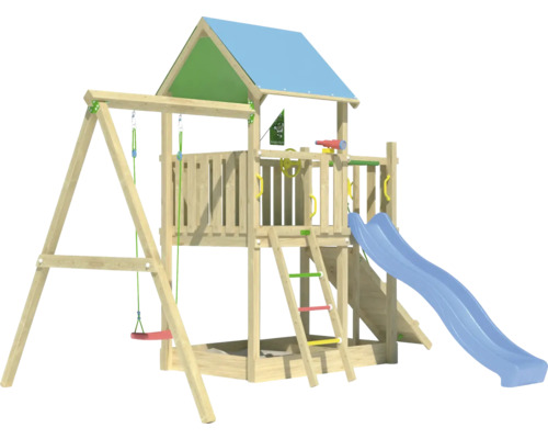 Spielplatz mit Schaukel, Rutsche und Spielhaus aus Holz