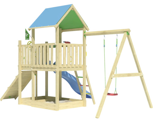 Spielturm mit Rutsche, Schaukel und Sandkasten für den Garten