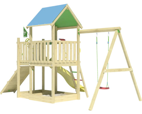 Spielplatz mit Turm, Rutsche und Schaukel aus Holz
