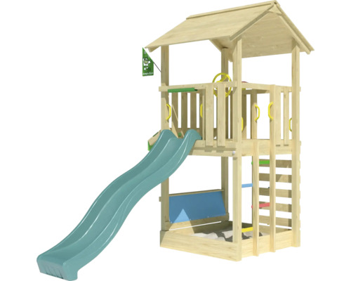 Holzspielturm mit Rutsche, Kletterleiter und Sandkasten