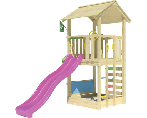 Spielturm aus Holz mit Rutsche
