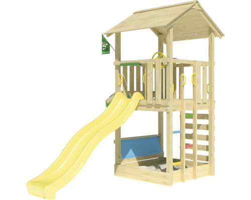 Spielturm mit Rutsche und Sandkasten aus Holz