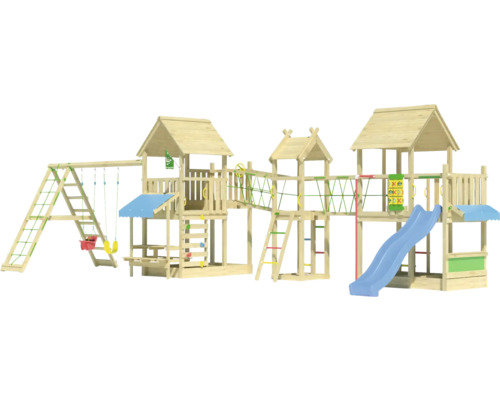 Spielanlage aus Holz mit Schaukel, Rutsche und Klettergerüst für den Garten