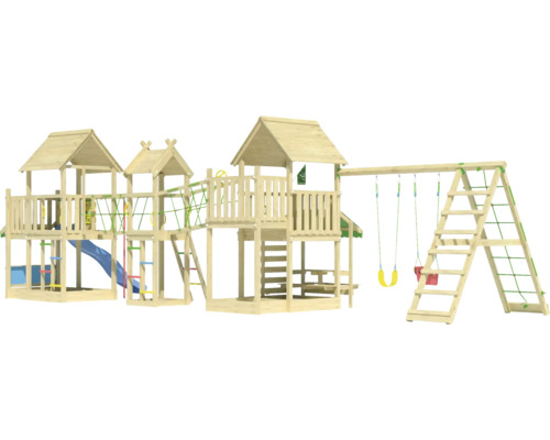 Spielplatz mit Rutsche, Schaukeln und Klettergerüst aus Holz