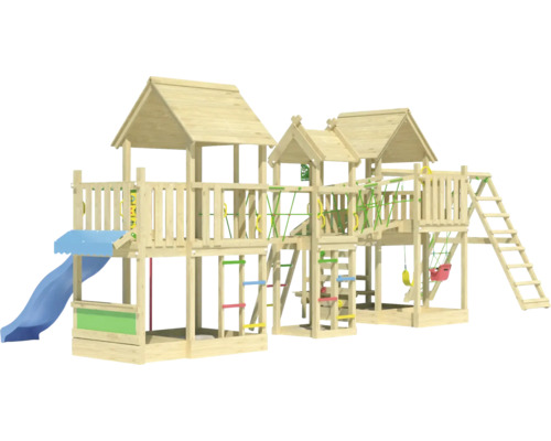 Spielplatz mit Rutsche, Schaukel und Klettergerüst aus Holz