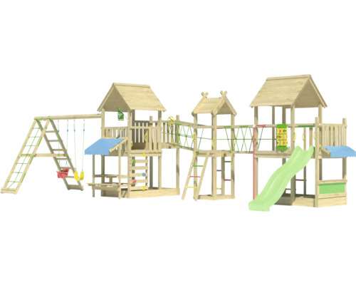 Großer Spielplatz aus Holz mit Schaukel, Rutsche und Kletterturm für den Außenbereich